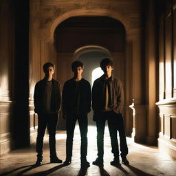 Four attractive, athletic young men standing in an old, dark academy hallway