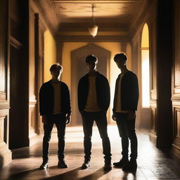 Four attractive, athletic young men standing in an old, dark academy hallway