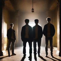 Four attractive, athletic young men standing in an old, dark academy hallway