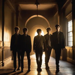 Four attractive, athletic young men standing in an old, dark academy hallway