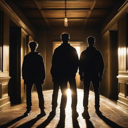 Four athletic young men with glowing yellow eyes standing in an old, dark academy hallway at night