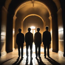 Four athletic young men with glowing yellow eyes standing in an old, dark academy hallway at night