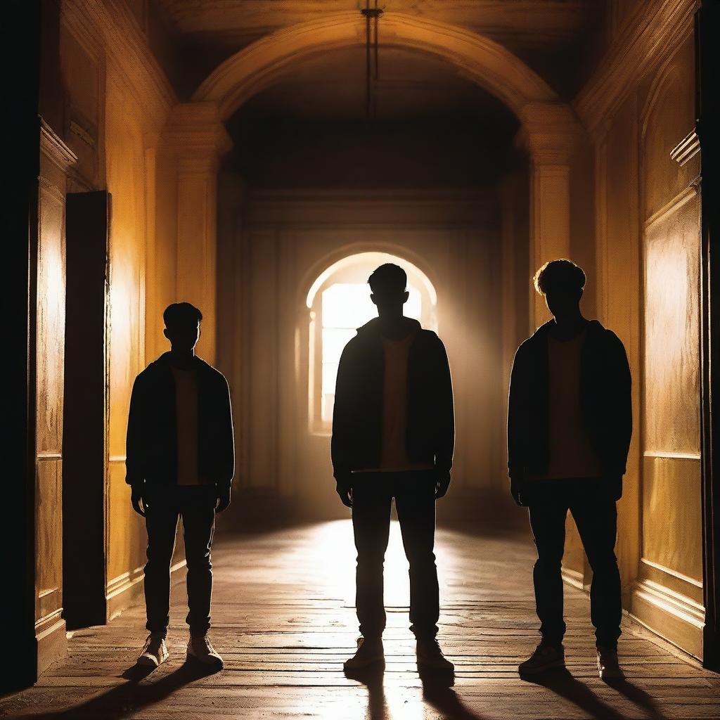 Four athletic young men with glowing yellow eyes standing in an old, dark academy hallway at night