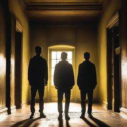 Four athletic young men with glowing yellow eyes standing in an old, dark academy hallway at night