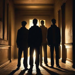 Four photorealistic athletic young men with glowing yellow eyes standing in an old, dark academy hallway at night