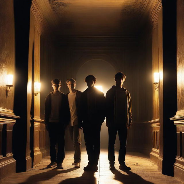 Four photorealistic athletic young men with glowing yellow eyes standing in an old, dark academy hallway at night