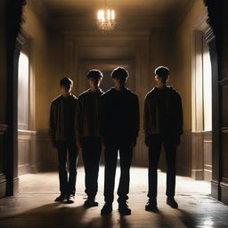 Four photorealistic athletic young men with glowing yellow eyes standing in an old, dark academy hallway at night