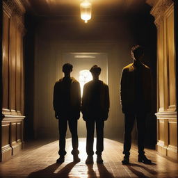 Four photorealistic athletic young men with glowing yellow eyes standing in an old, dark academy hallway at night