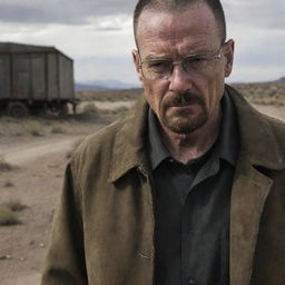 Walter White from Breaking Bad, embroiled in committing crimes. This scene illustrates his dark transformation, Seen amid the gritty, lawless atmosphere and chaotic environments typical of his illicit activities.