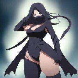 A curvy ninja girl with a mask and stockings, striking a dynamic pose