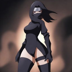 A curvy ninja girl with a mask and stockings, striking a dynamic pose