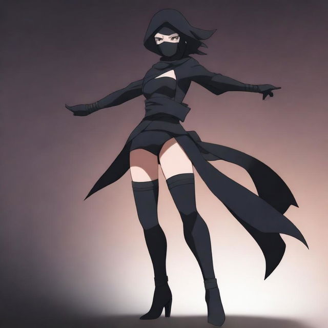 A curvy ninja girl with a mask and stockings, striking a dynamic pose