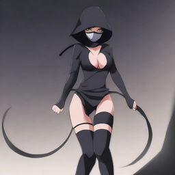 A curvy ninja girl with a mask and stockings, striking a dynamic pose