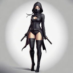 A realistic depiction of a sexy and curvy ninja girl wearing a mask and stockings