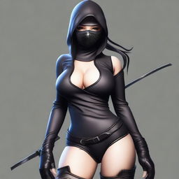 A realistic depiction of a sexy and curvy ninja girl wearing a mask and stockings