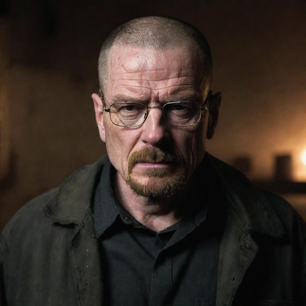 Walter White from Breaking Bad, embroiled in committing crimes. This scene illustrates his dark transformation, Seen amid the gritty, lawless atmosphere and chaotic environments typical of his illicit activities.