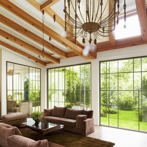 An intricately designed, stylish and modern interior of a living room with a big chandelier hanging from a high ceiling, comfortable suede sofas, a fireplace, and large windows with a view to a beautiful garden.