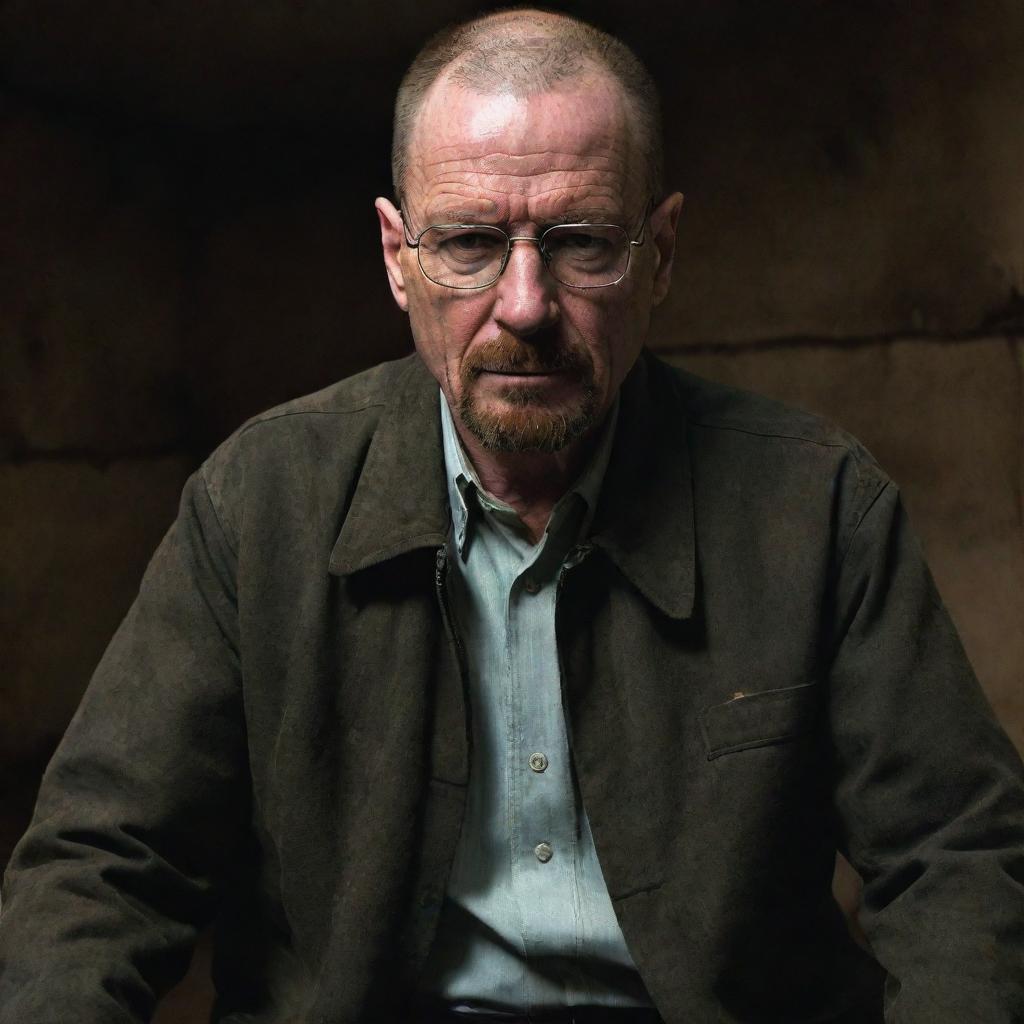 Walter White from Breaking Bad, embroiled in committing crimes. This scene illustrates his dark transformation, Seen amid the gritty, lawless atmosphere and chaotic environments typical of his illicit activities.