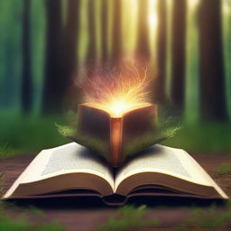 Create a captivating book cover featuring an open book with magical, glowing pages