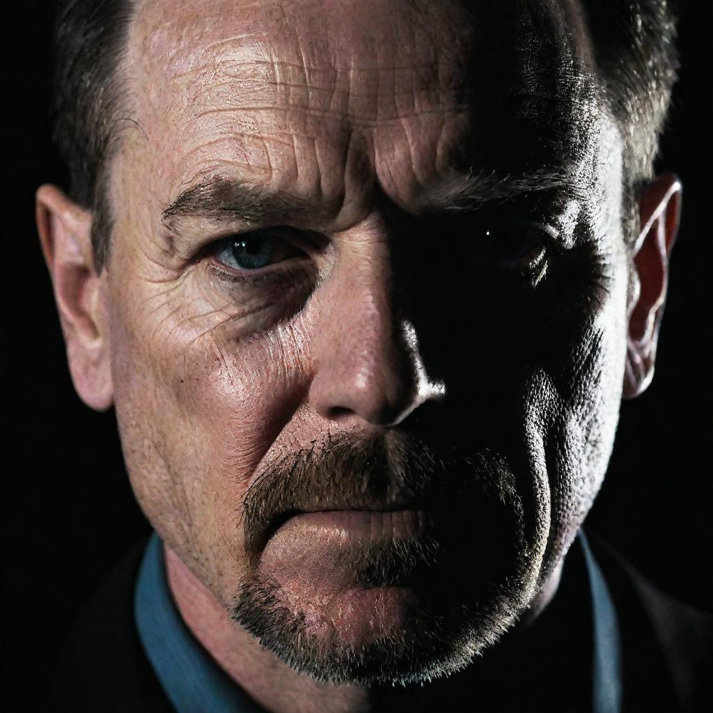 A gripping scene of Walter White from Breaking Bad engaged in criminal activities. Shadows cast a dark overlay on Walter's face, illuminating his determined eyes as he delves further into his life of crime.