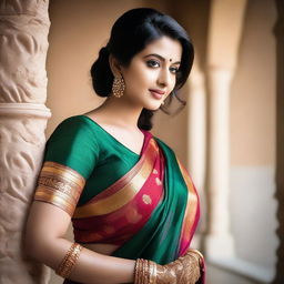 A woman with a curvy body wearing a traditional sari, emphasizing her elegant and graceful appearance