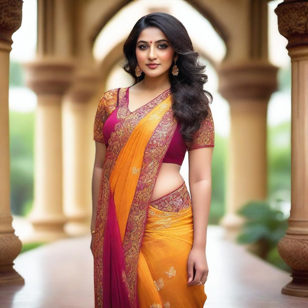 A woman with a curvy body wearing a traditional sari, emphasizing her elegant and graceful appearance