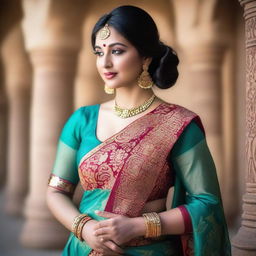 A woman with a curvy body wearing a traditional sari, emphasizing her elegant and graceful appearance