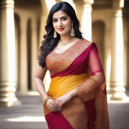 A woman with a curvy body wearing a traditional sari, emphasizing her elegant and graceful appearance