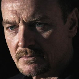 A gripping scene of Walter White from Breaking Bad engaged in criminal activities. Shadows cast a dark overlay on Walter's face, illuminating his determined eyes as he delves further into his life of crime.