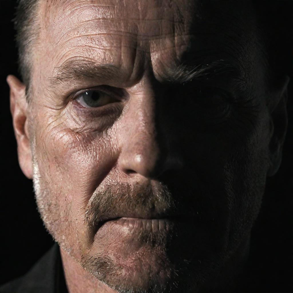 A gripping scene of Walter White from Breaking Bad engaged in criminal activities. Shadows cast a dark overlay on Walter's face, illuminating his determined eyes as he delves further into his life of crime.