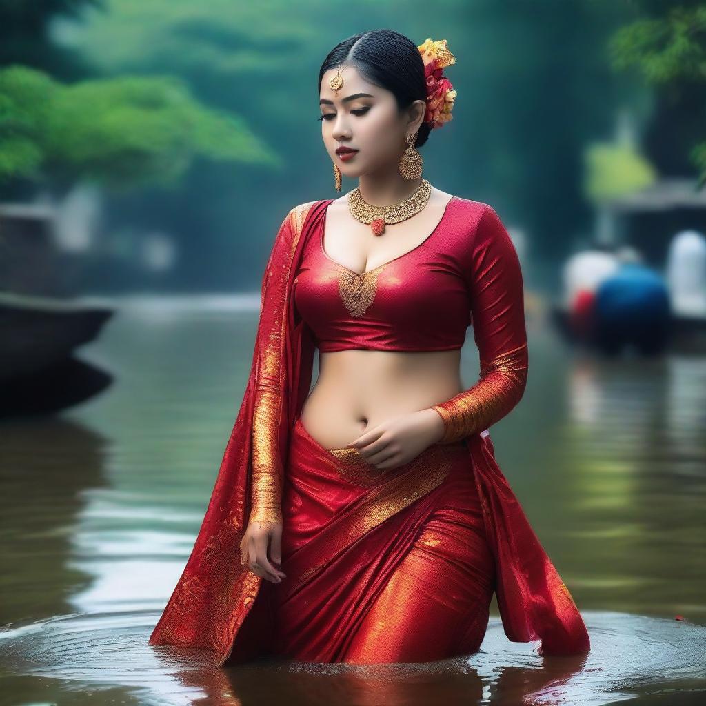 A woman with a curvy figure, dressed in traditional attire, appearing in a wet look