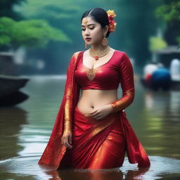 A woman with a curvy figure, dressed in traditional attire, appearing in a wet look