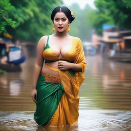 A woman with a curvy figure, dressed in traditional attire, appearing in a wet look