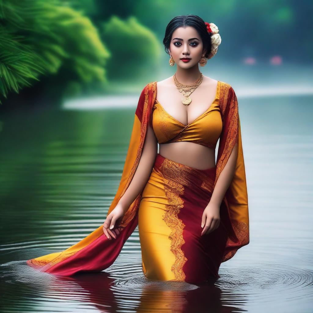 A woman with a curvy figure, dressed in traditional attire, appearing in a wet look