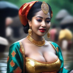 A woman with a curvy figure, dressed in traditional attire, appearing in a wet look