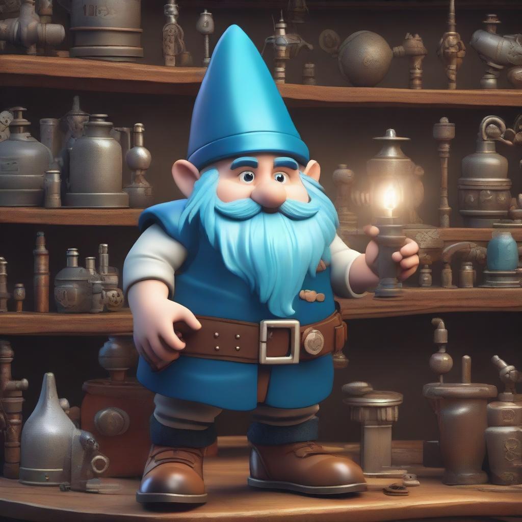 A male deep gnome with blue hair, dressed as an artificer