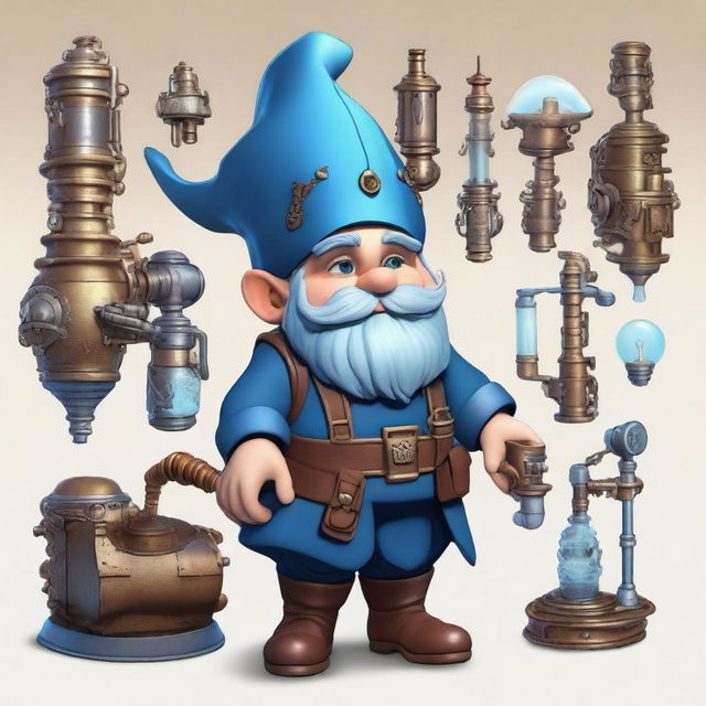 A male deep gnome with blue hair, dressed as an artificer