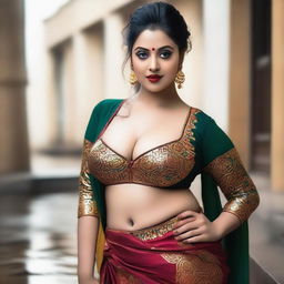 A woman with a curvy figure, dressed in traditional attire with a deep blouse, revealing some cleavage