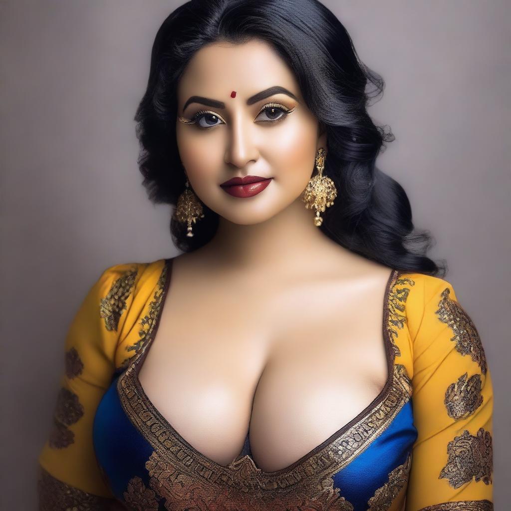 A woman with a curvy figure, dressed in traditional attire with a deep blouse, revealing some cleavage