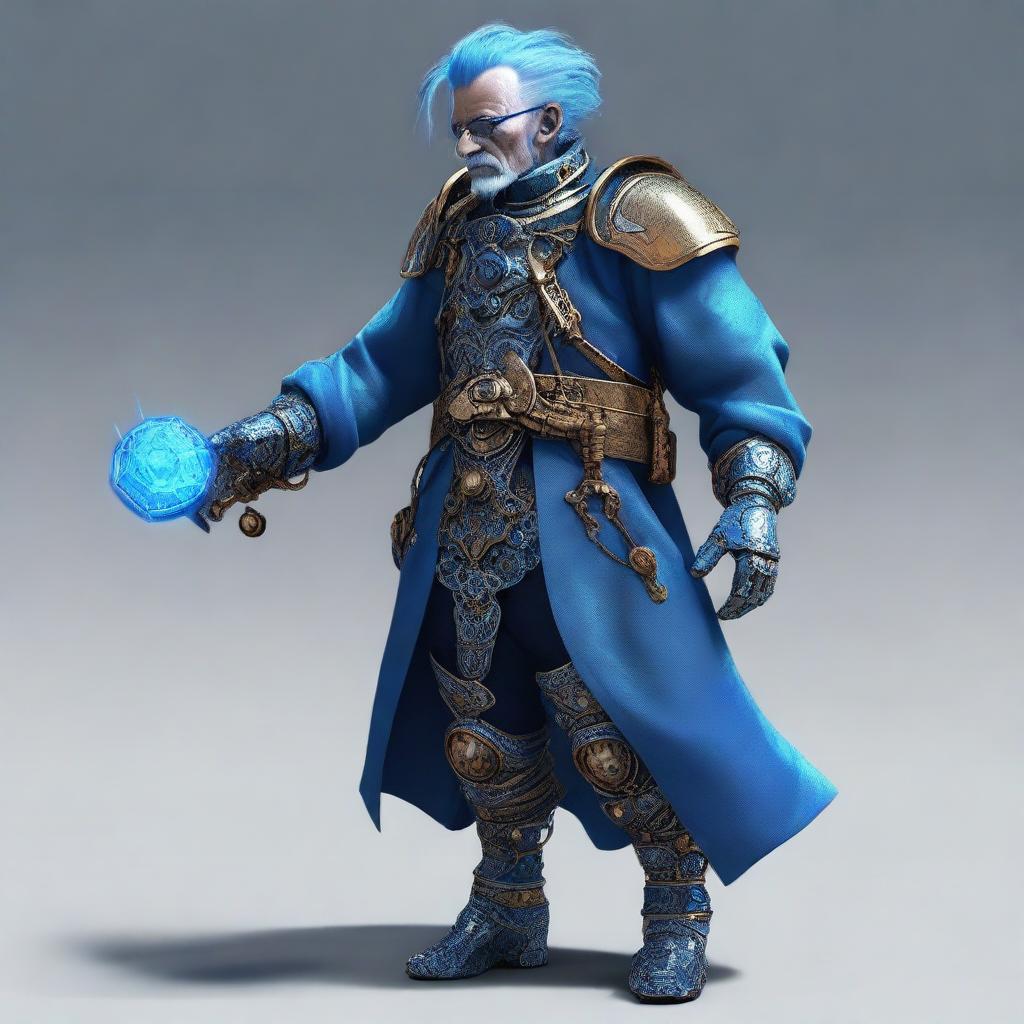 Create an image of an old male artificer Svirfneblin with blue hair and a bionic leg