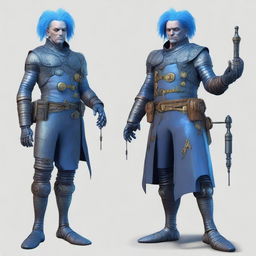 Create an image of an old male artificer Svirfneblin with blue hair and a bionic leg