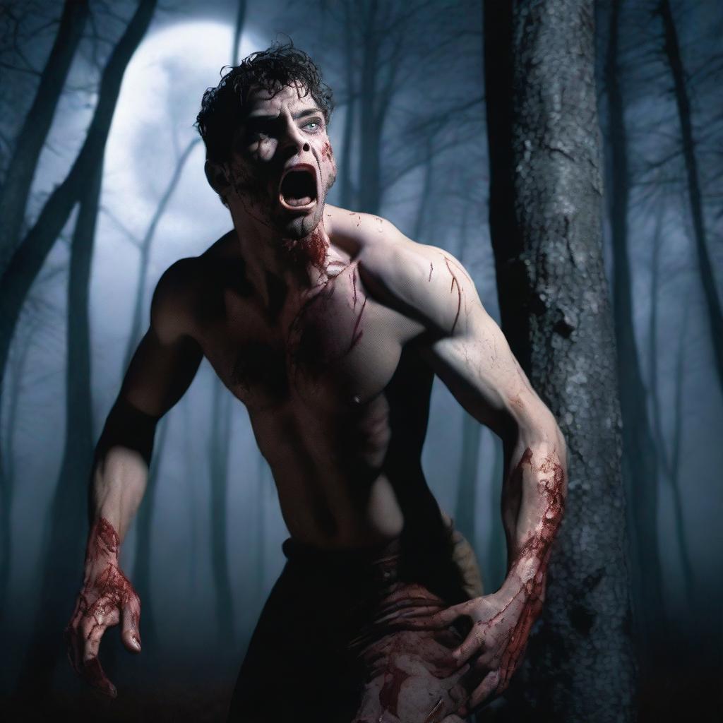 A photorealistic image of an attractive athletic young man in dark woods under a full moon