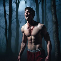 A photorealistic image of an attractive athletic young man in dark woods under a full moon