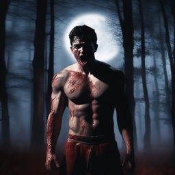 A photorealistic image of an attractive athletic young man in dark woods under a full moon