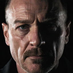 A gripping scene of Walter White from Breaking Bad engaged in criminal activities. Shadows cast a dark overlay on Walter's face, illuminating his determined eyes as he delves further into his life of crime.