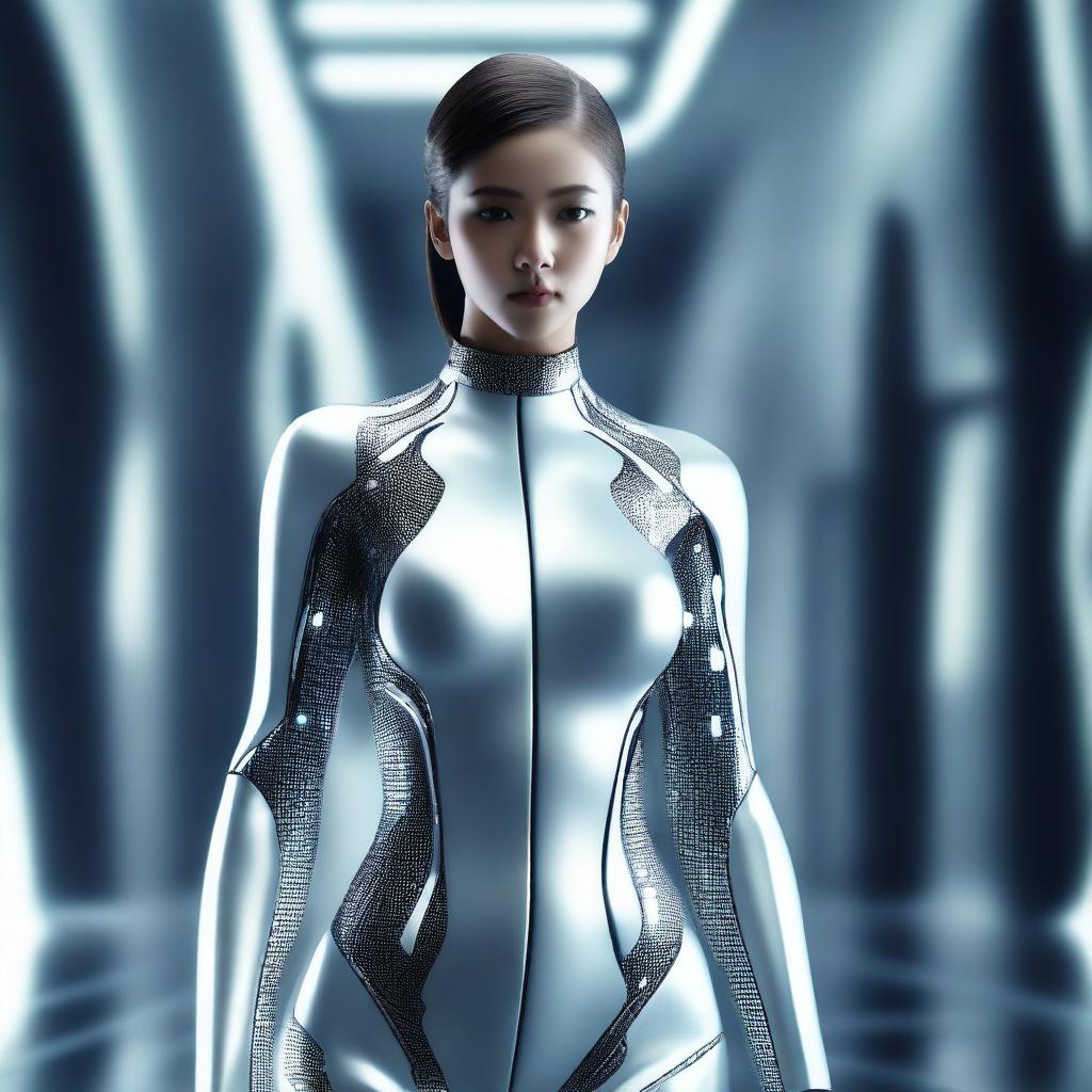 A girl wearing a futuristic suit that is sleek and form-fitting, highlighting her figure in a tasteful manner