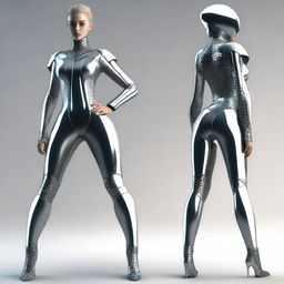 A girl wearing a futuristic suit that is sleek and form-fitting, highlighting her figure in a tasteful manner