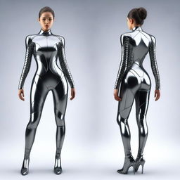 A girl wearing a futuristic suit that is sleek and form-fitting, highlighting her figure in a tasteful manner