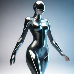 A girl wearing a futuristic suit that is sleek and form-fitting, highlighting her figure in a tasteful manner