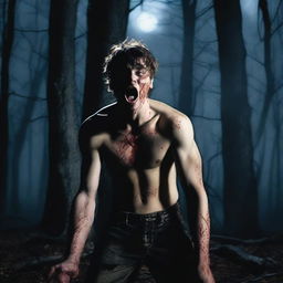 A photorealistic image of an attractive young man in dark woods under a full moon